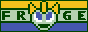 Some asshole frog in front of a verticle tricolour of yellow, green, and blue, titled Froge.